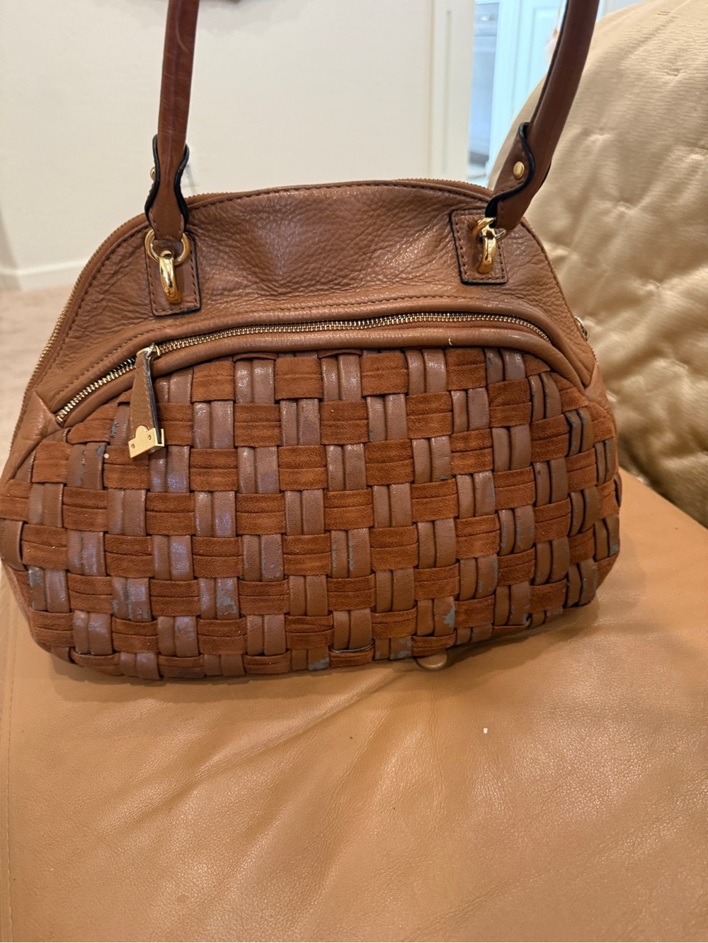 ANTONIO MELANI Woven Saddle Brown Leather Shoulder Bag